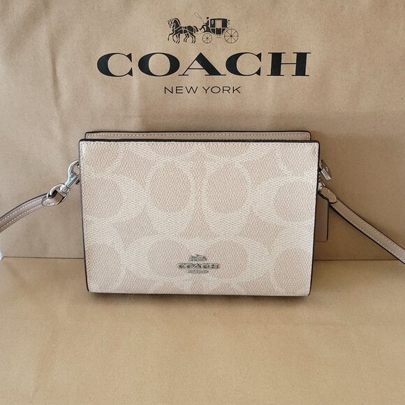 Coach Handbags - Coach CAR12 Slim Crossbody Signature Canvas Large C Clutch Handbag Sand Taupe